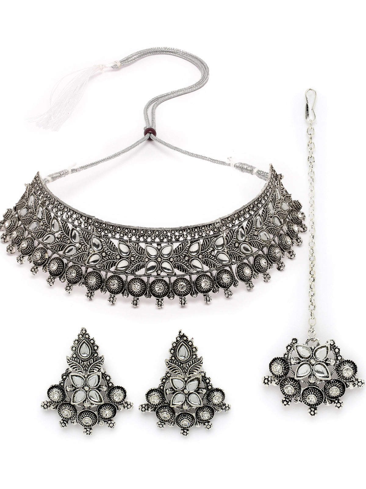 Sukkhi Eye-Catchy Oxidised Silver Plated Choker Necklace Set With Earring | Mangtikka Set For Women (NS105643)
