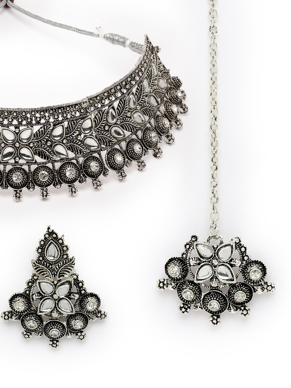 Sukkhi Eye-Catchy Oxidised Silver Plated Choker Necklace Set With Earring | Mangtikka Set For Women (NS105643)