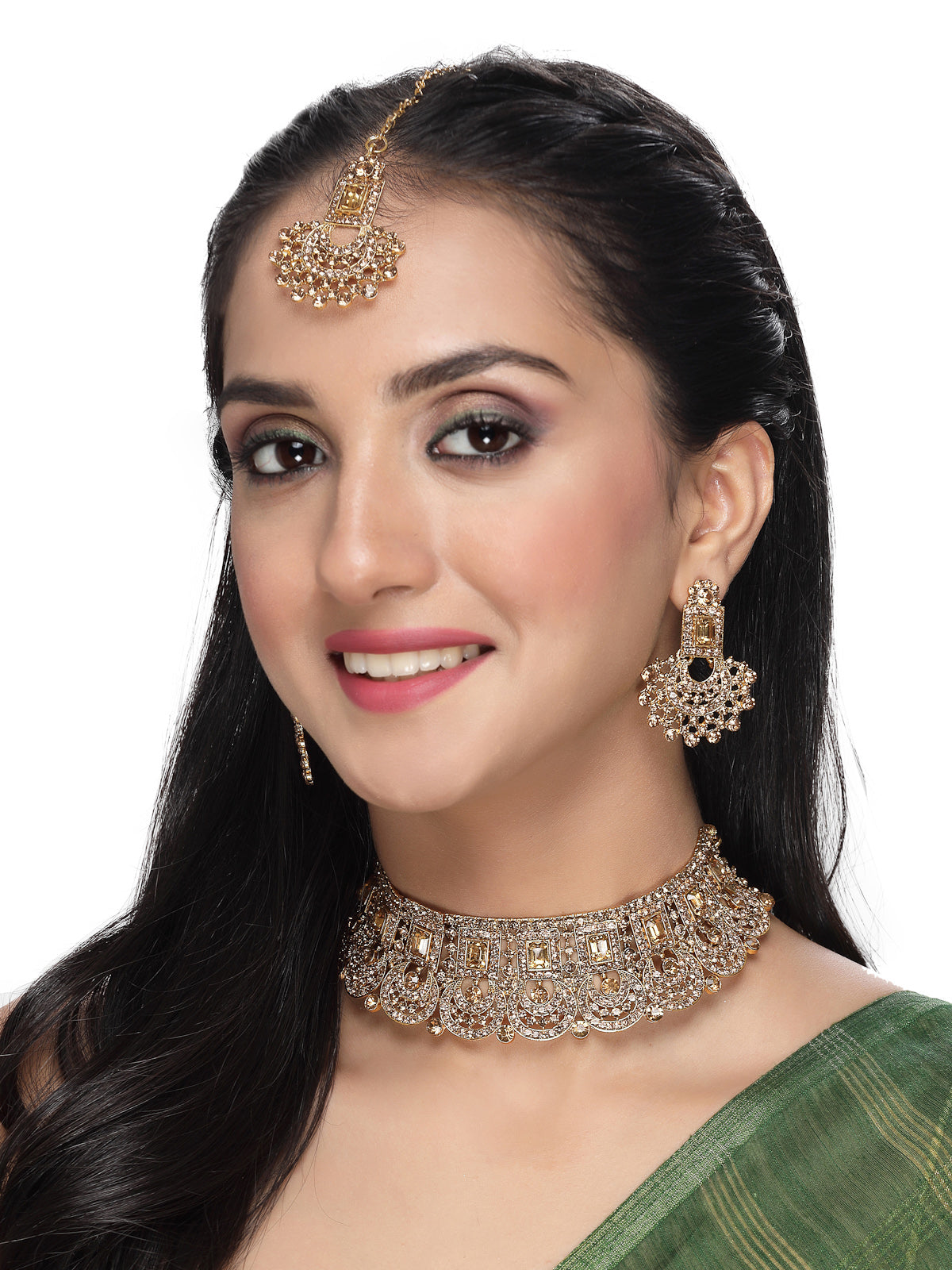 Sukkhi Graceful Curve Shaped Gold Plated Golden AD Stone Choker Necklace Set With Earring And Maangtika | Jewellery Set For Women (NS105644)