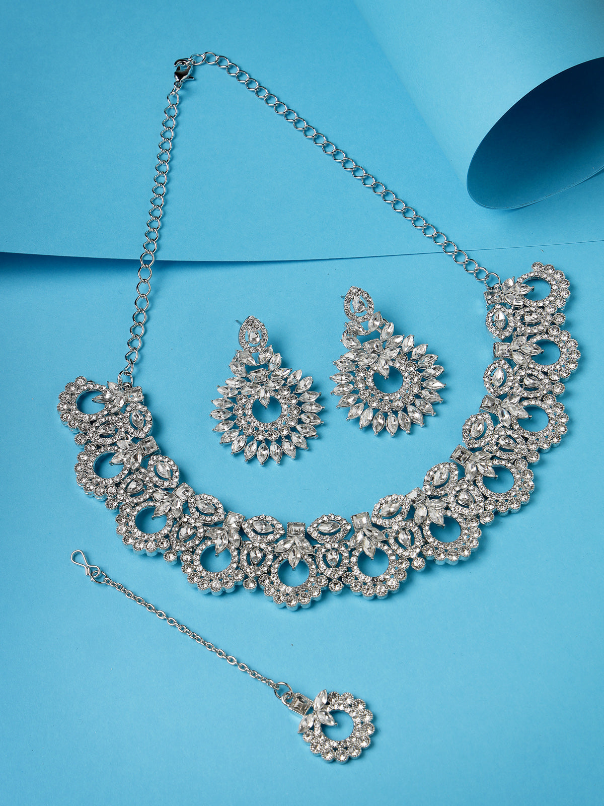 Sukkhi Classic Style Rhodium Plated Silver AD White Stones Collar Bone Necklace Set With Earring And Maangtika | Jewellery Set For Women (NS105645)