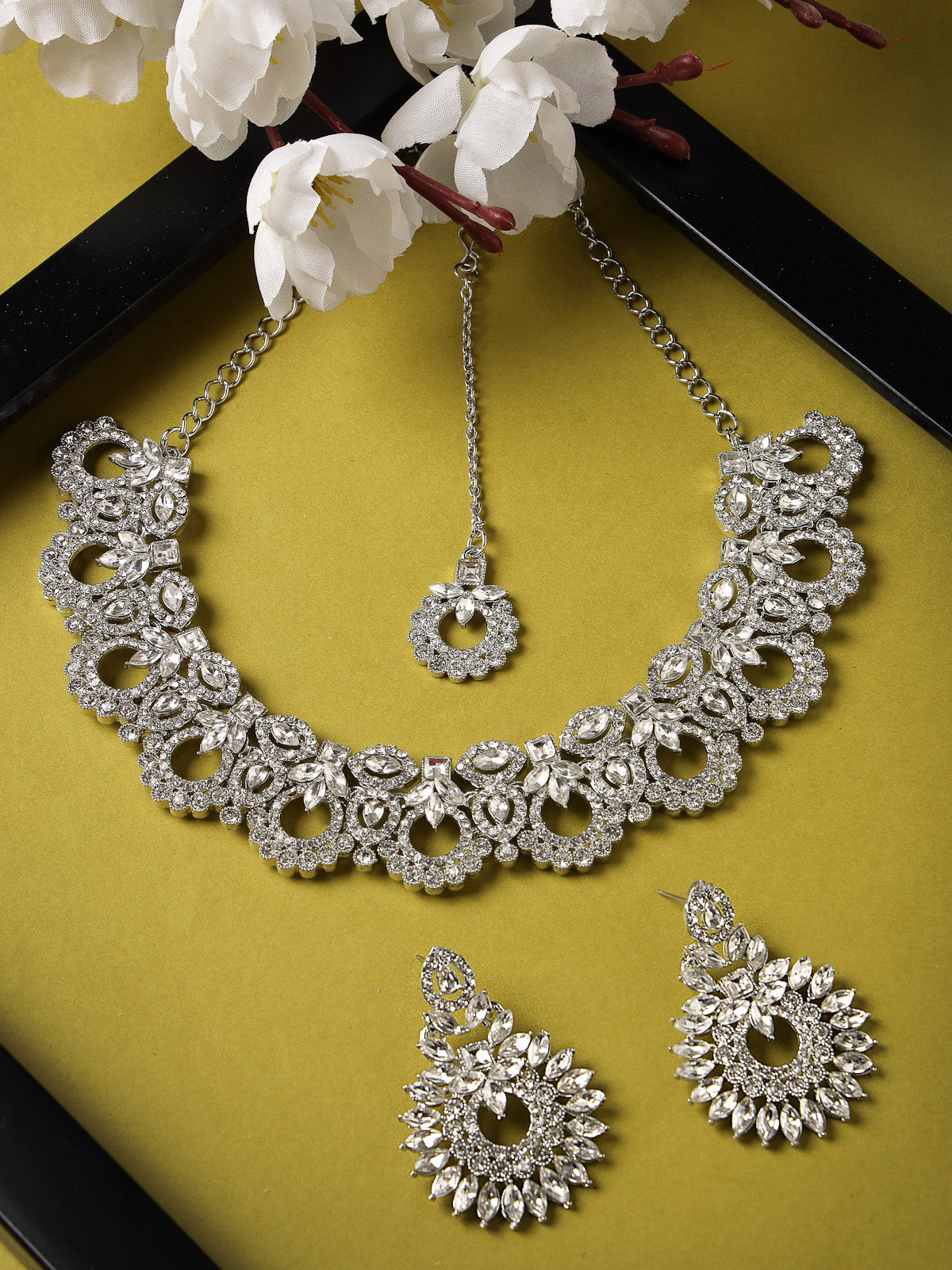 Sukkhi Classic Style Rhodium Plated Silver AD White Stones Collar Bone Necklace Set With Earring And Maangtika | Jewellery Set For Women (NS105645)