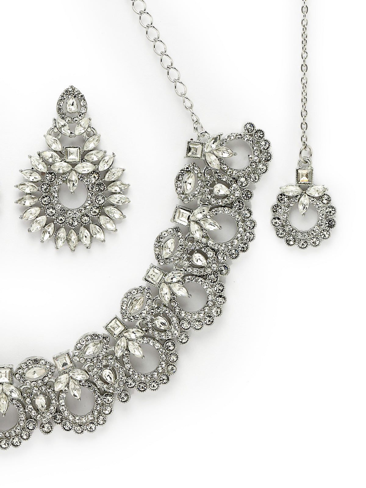 Sukkhi Classic Style Rhodium Plated Silver AD White Stones Collar Bone Necklace Set With Earring And Maangtika | Jewellery Set For Women (NS105645)