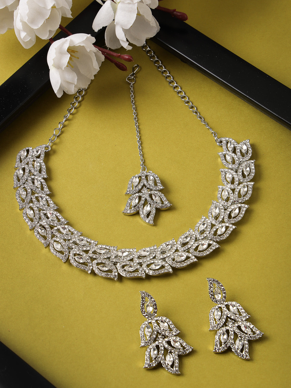 Sukkhi Fusion Rhodium Plated Silver AD White Stone Collar Bone Necklace Set With Earring And Maangtika | Jewellery Set For Women (NS105646)