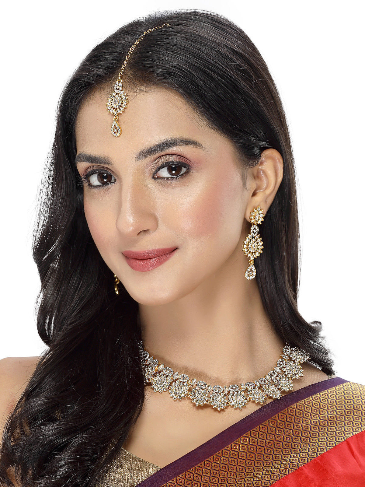 Sukkhi Eye-Catching Gold Plated AD Stone Collar Bone Necklace Set With Earring And Maangtika | Jewellery Set For Women (NS105647)