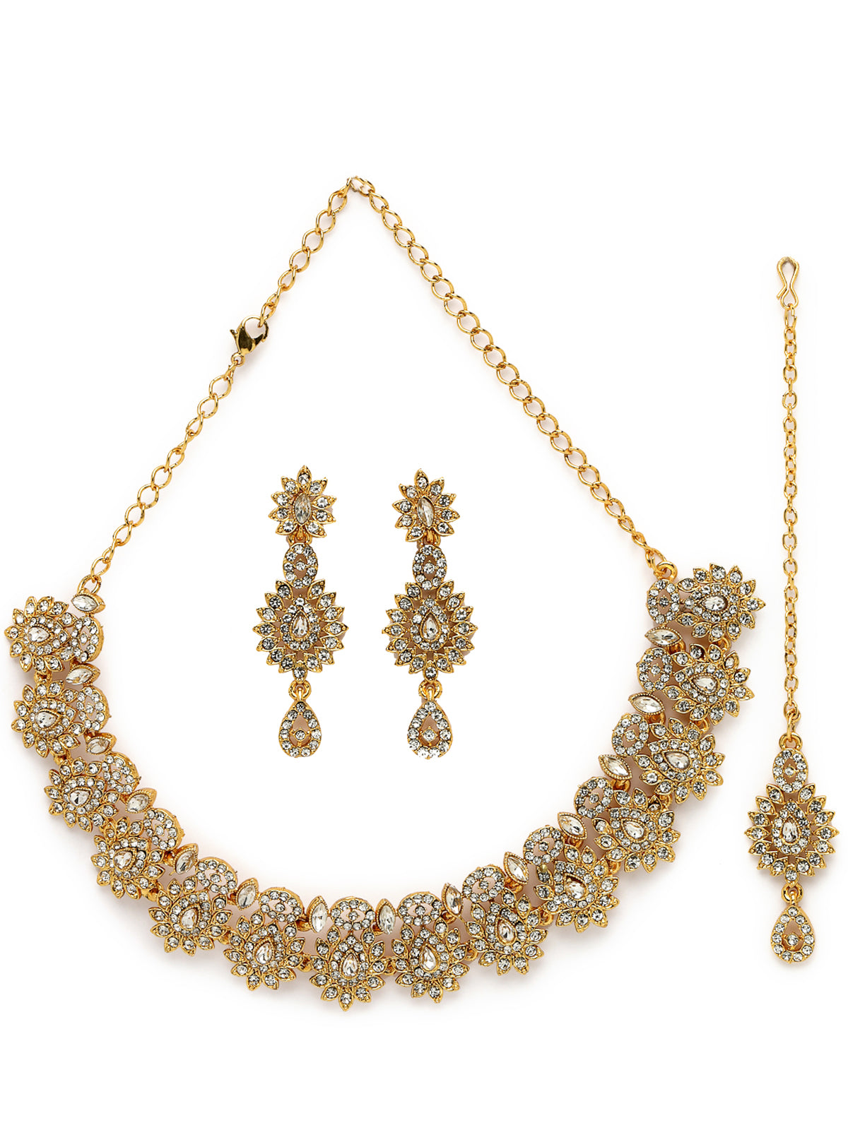 Sukkhi Eye-Catching Gold Plated AD Stone Collar Bone Necklace Set With Earring And Maangtika | Jewellery Set For Women (NS105647)