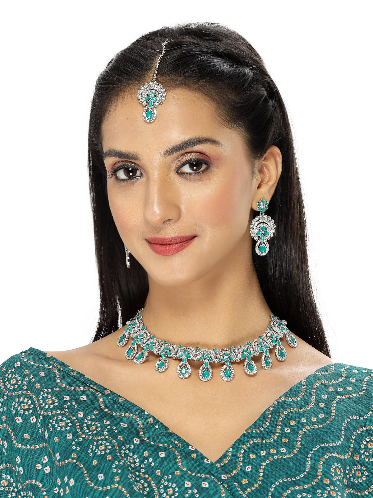 Sukkhi Alluring Traditional Rhodium Plated Green AD Stone Collar Bone Necklace Set With Earring And Maangtika | Jewellery Set For Women (NS105648)