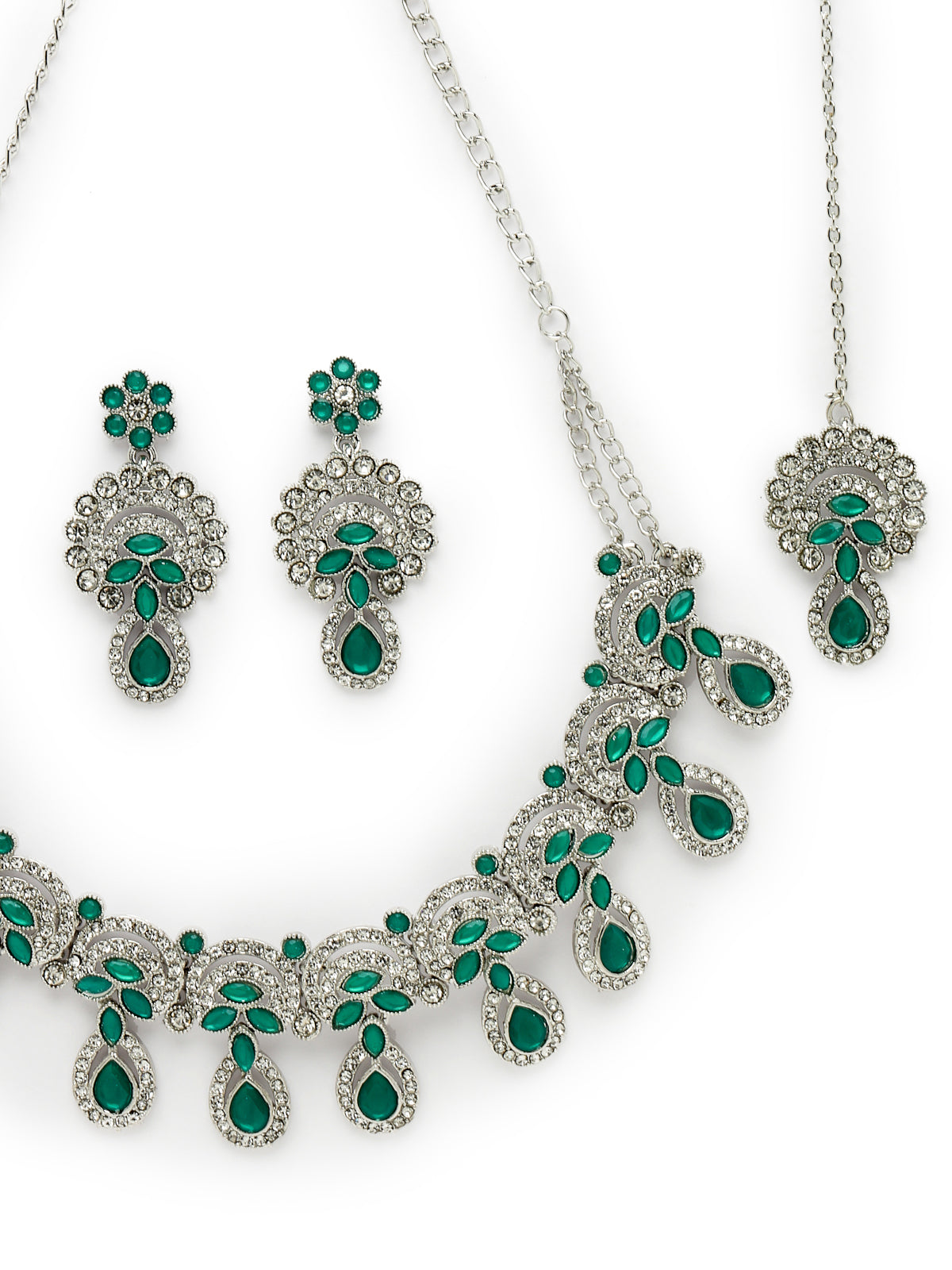 Sukkhi Alluring Traditional Rhodium Plated Green AD Stone Collar Bone Necklace Set With Earring And Maangtika | Jewellery Set For Women (NS105648)
