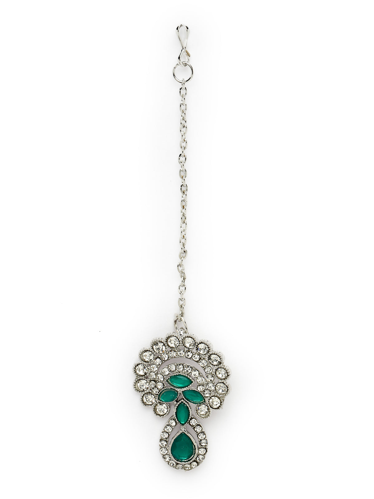 Sukkhi Alluring Traditional Rhodium Plated Green AD Stone Collar Bone Necklace Set With Earring And Maangtika | Jewellery Set For Women (NS105648)