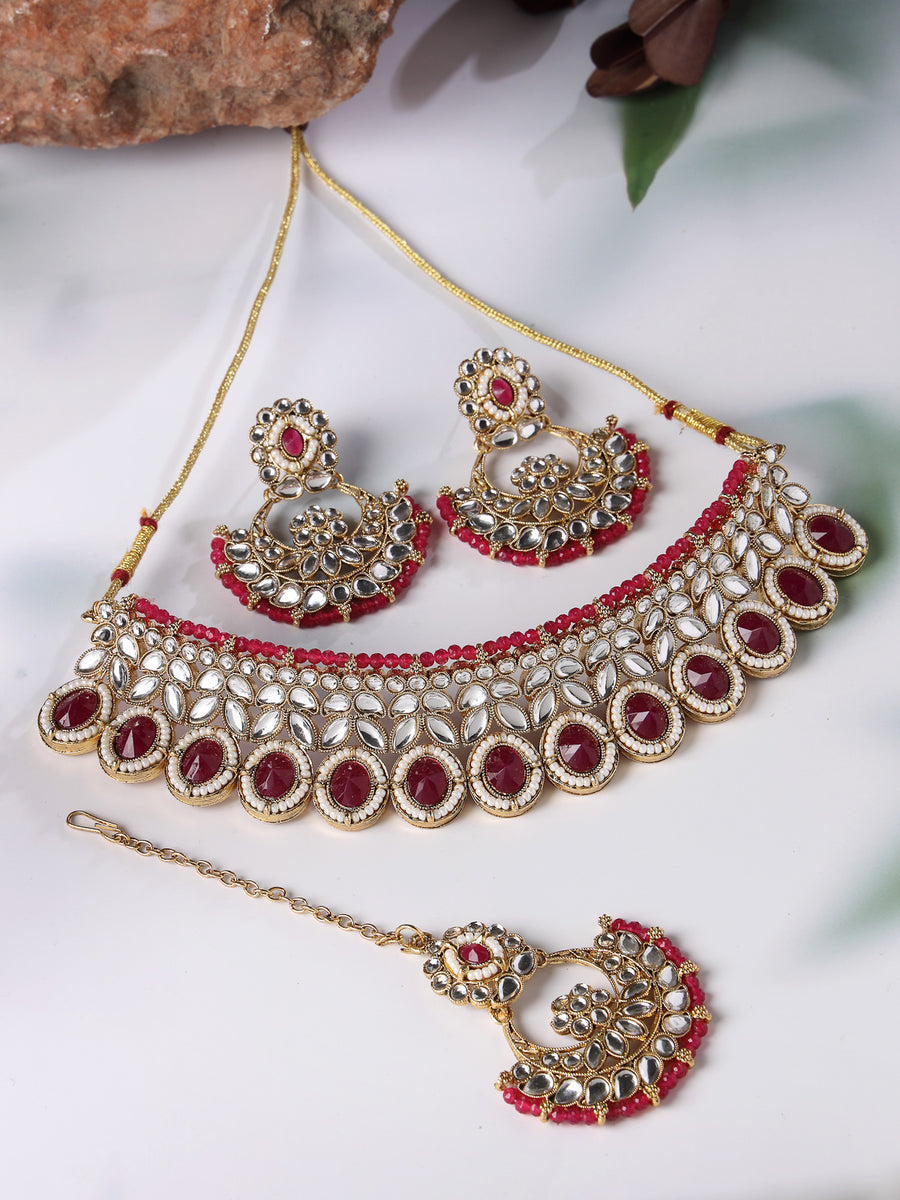 Sukkhi Sophisticated Traditional Looked Rani Pink Stone Choker Necklace Set With Chandbali Earring And Mangtikka | Jewellery For Women (NS105649)