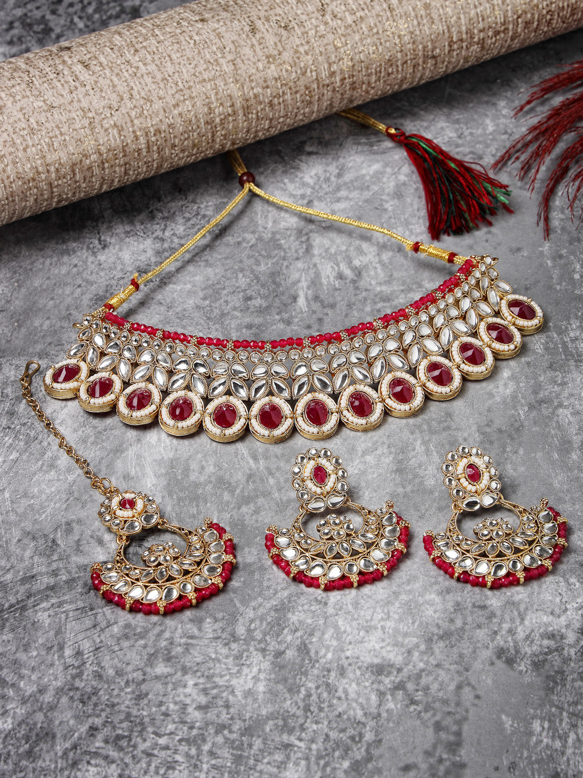 Sukkhi Sophisticated Traditional Looked Rani Pink Stone Choker Necklace Set With Chandbali Earring And Mangtikka | Jewellery For Women (NS105649)