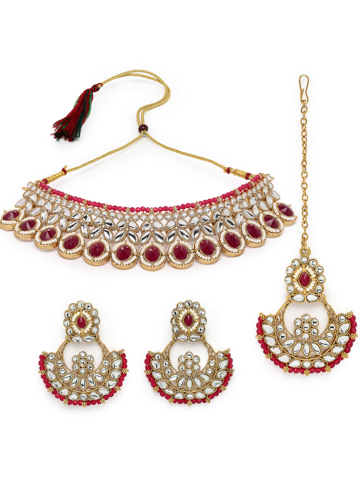 Sukkhi Sophisticated Traditional Looked Rani Pink Stone Choker Necklace Set With Chandbali Earring And Mangtikka | Jewellery For Women (NS105649)