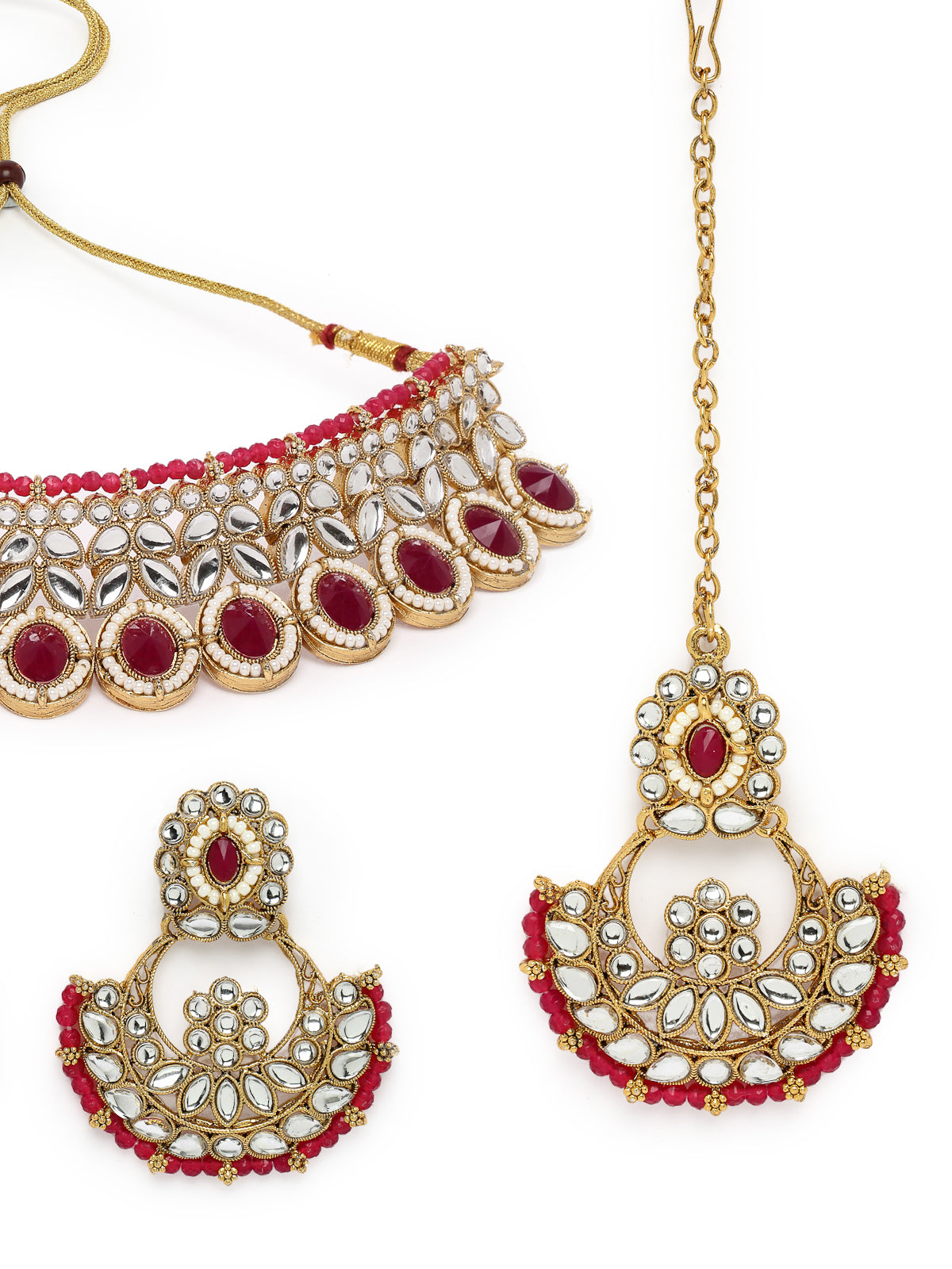Sukkhi Sophisticated Traditional Looked Rani Pink Stone Choker Necklace Set With Chandbali Earring And Mangtikka | Jewellery For Women (NS105649)