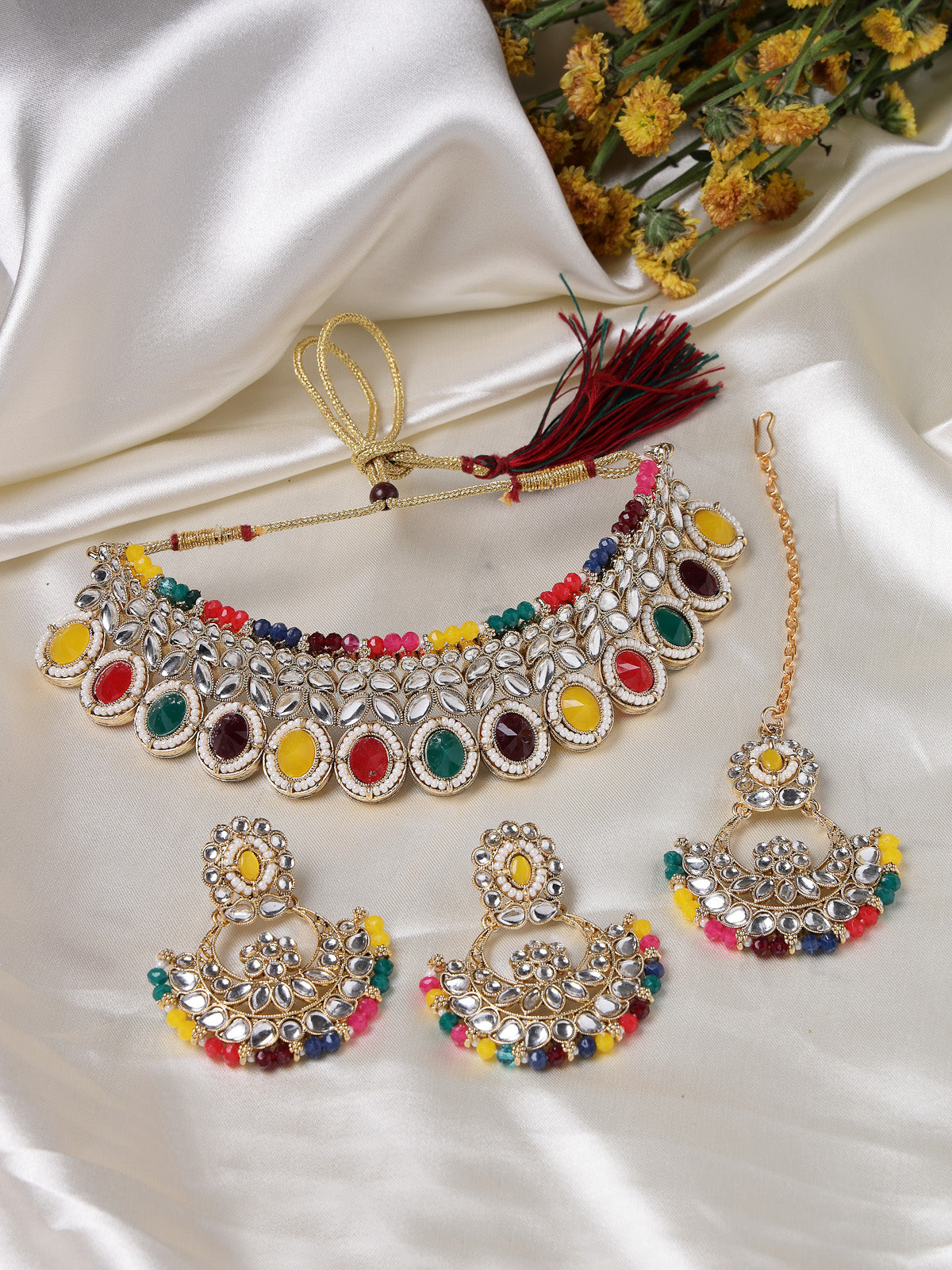 Sukkhi Sophisticated Traditional Looked Multicolor Stone Choker Necklace Set With Chandbali Earring And Mangtikka | Jewellery For Women (NS105650)