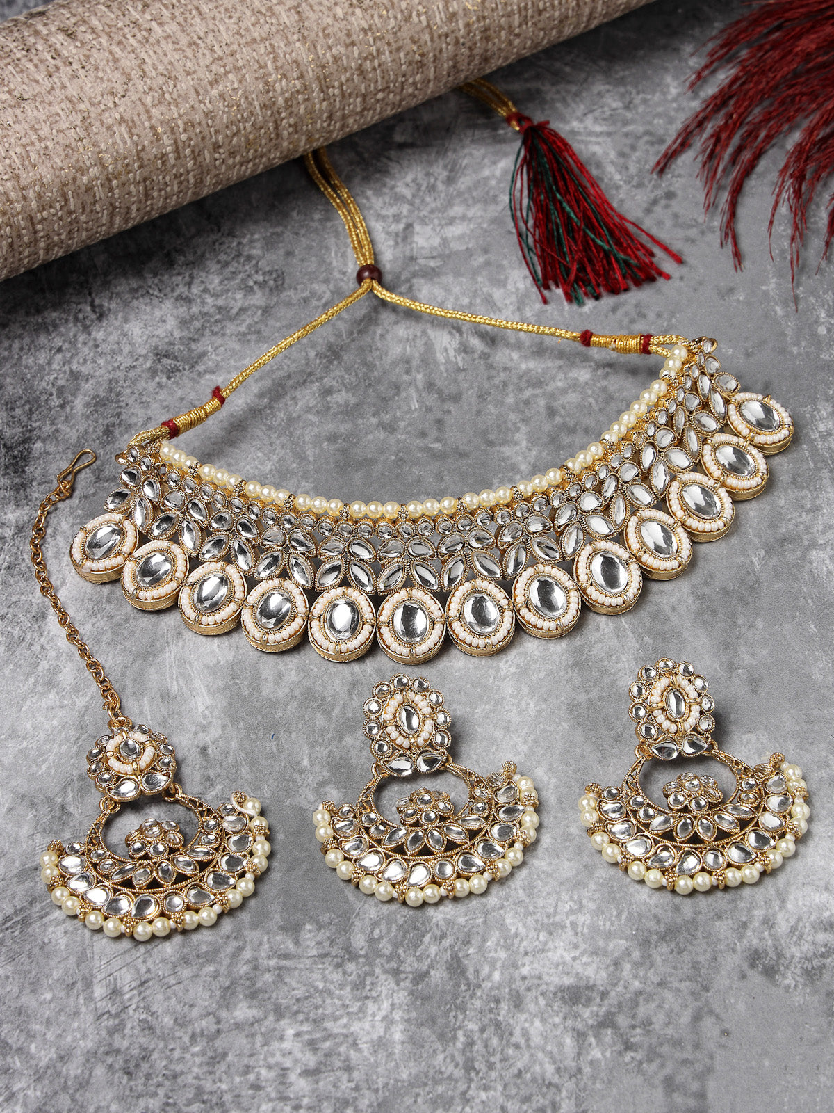 Sukkhi Sophisticated Traditional Looked White Stone Choker Necklace Set With Chandbali Earring And Mangtikka | Jewellery For Women (NS105651)