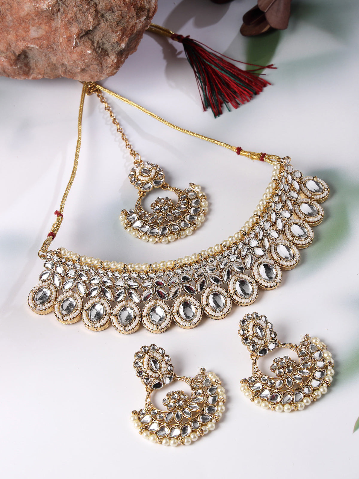 Sukkhi Sophisticated Traditional Looked White Stone Choker Necklace Set With Chandbali Earring And Mangtikka | Jewellery For Women (NS105651)