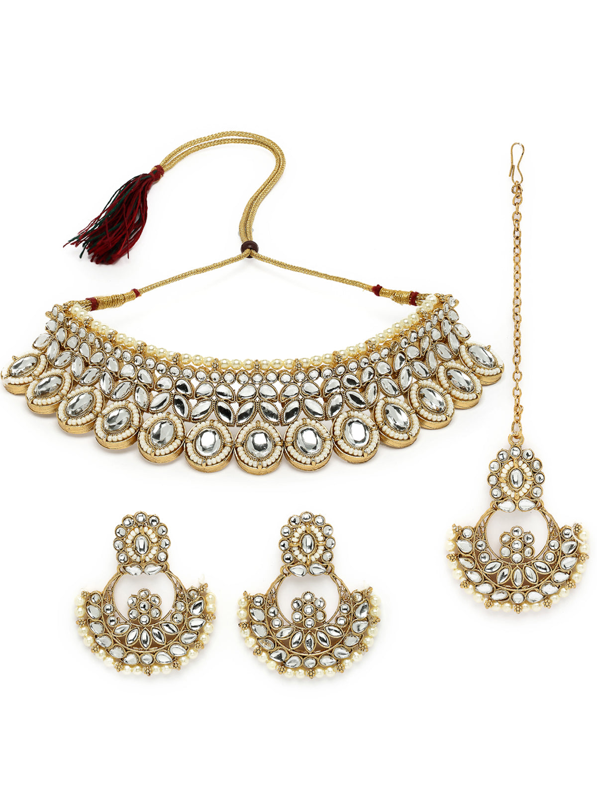 Sukkhi Sophisticated Traditional Looked White Stone Choker Necklace Set With Chandbali Earring And Mangtikka | Jewellery For Women (NS105651)