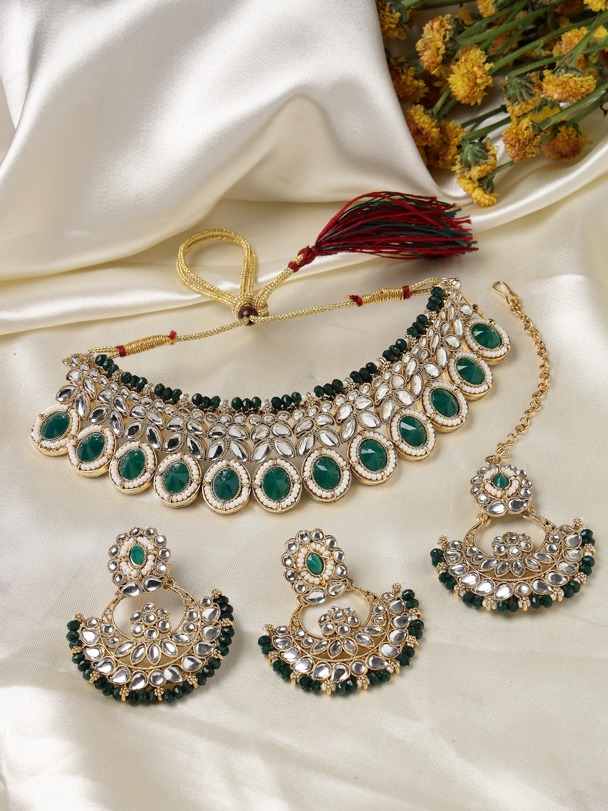 Sukkhi Sophisticated Traditional Looked Green Stone Choker Necklace Set With Chandbali Earring And Mangtikka | Jewellery For Women (NS105652)