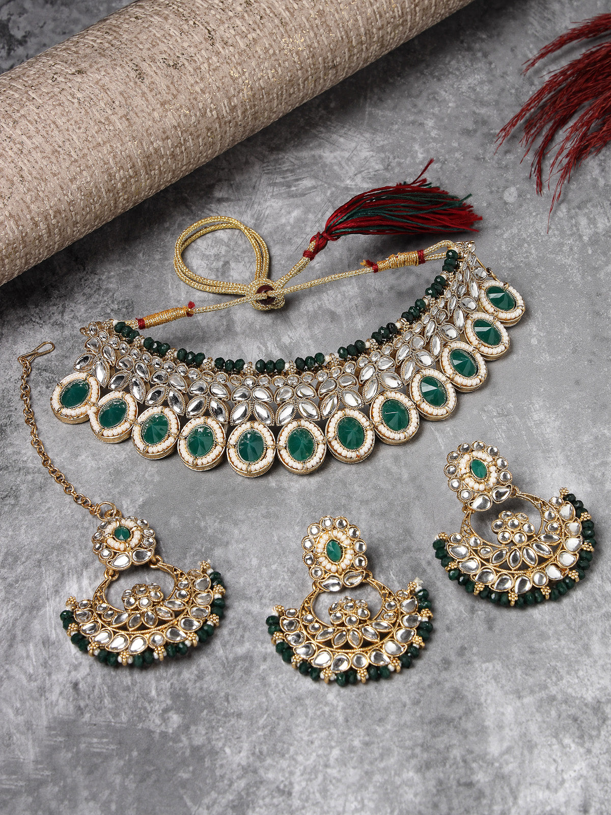 Sukkhi Sophisticated Traditional Looked Green Stone Choker Necklace Set With Chandbali Earring And Mangtikka | Jewellery For Women (NS105652)