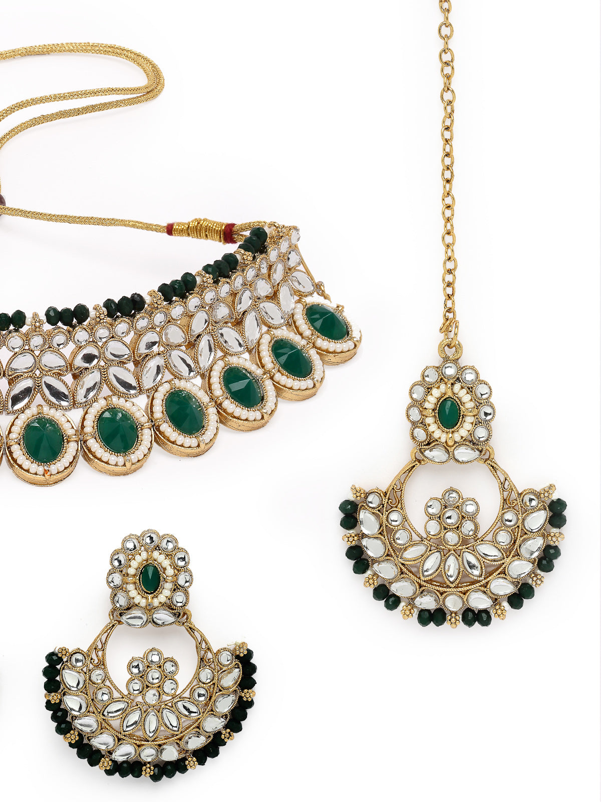 Sukkhi Sophisticated Traditional Looked Green Stone Choker Necklace Set With Chandbali Earring And Mangtikka | Jewellery For Women (NS105652)