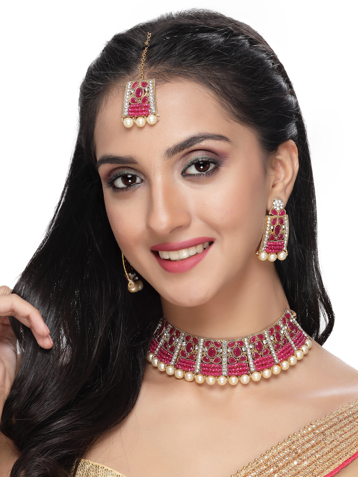 Sukkhi Adorable Unique Stylish Rani Pink Stone With Pearls Choker Necklace Set With Earring And Maangtika | Jewellery Set For Women (NS105653)
