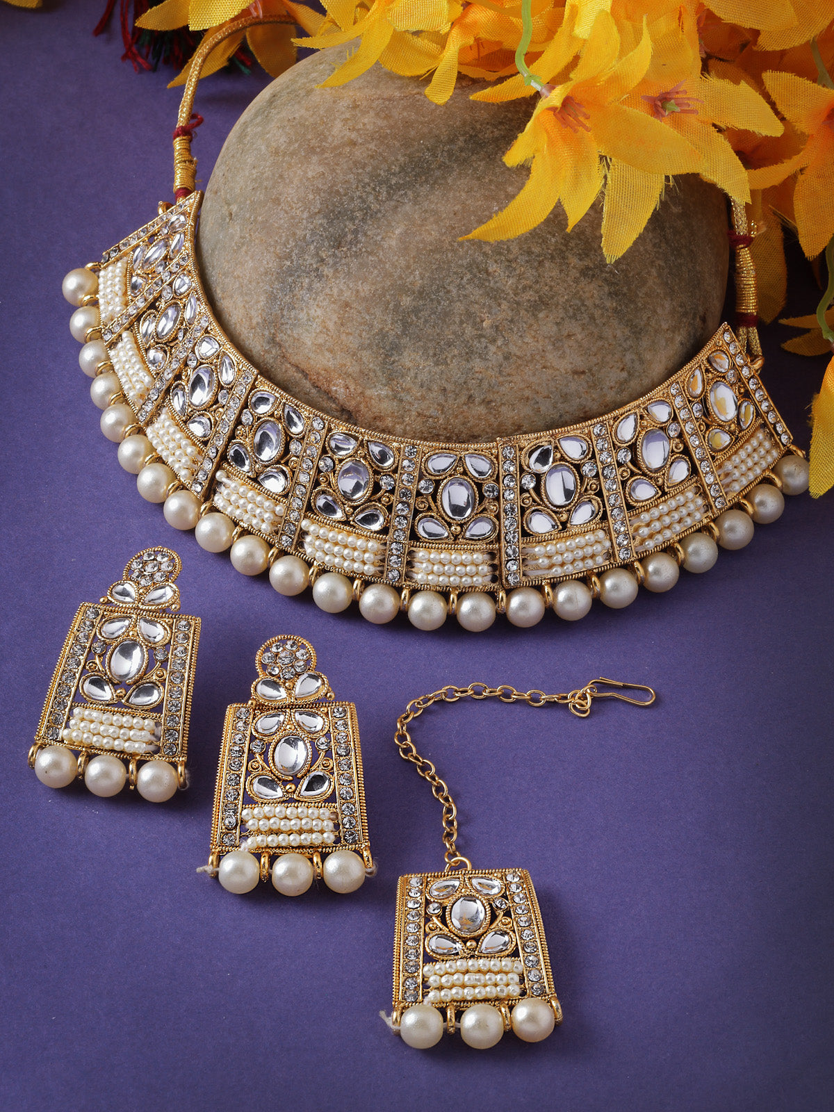 Sukkhi Adorable Unique Stylish White Stone With Pearls Choker Necklace Set With Earring And Maangtika | Jewellery Set For Women (NS105654)