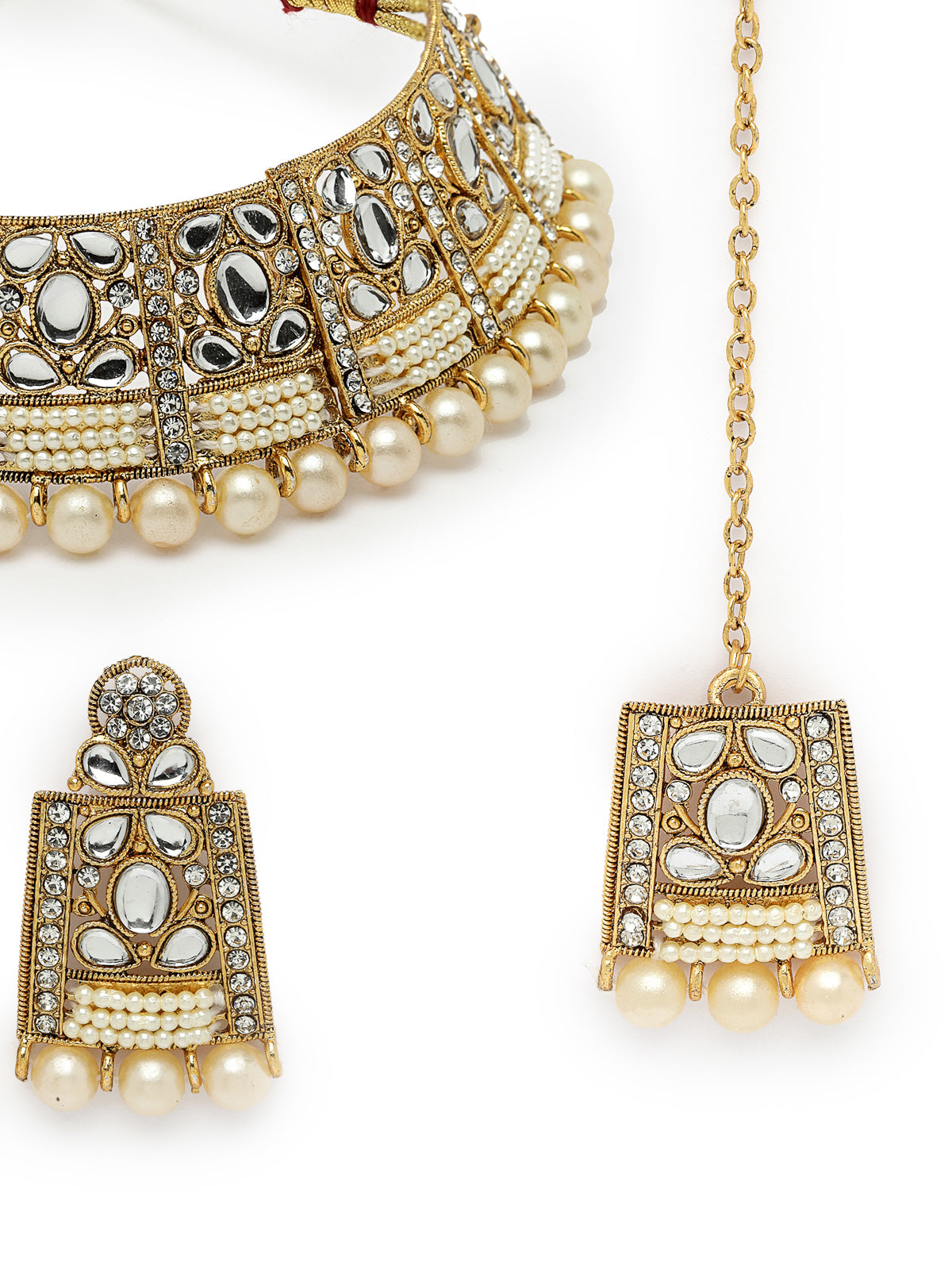 Sukkhi Adorable Unique Stylish White Stone With Pearls Choker Necklace Set With Earring And Maangtika | Jewellery Set For Women (NS105654)