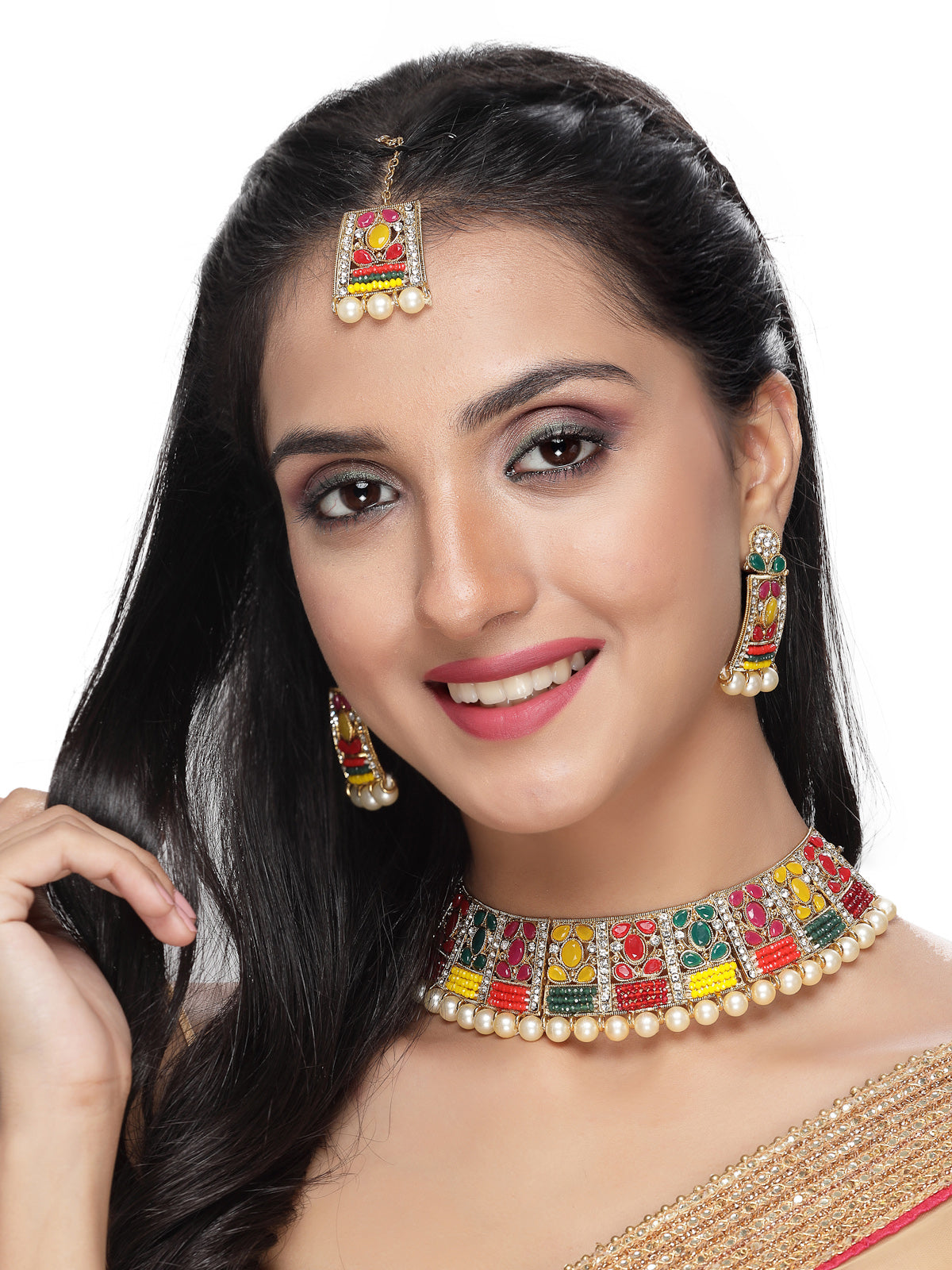 Sukkhi Adorable Unique Stylish Multicolor Stone With Pearls Choker Necklace Set With Earring And Maangtika | Jewellery Set For Women (NS105656)