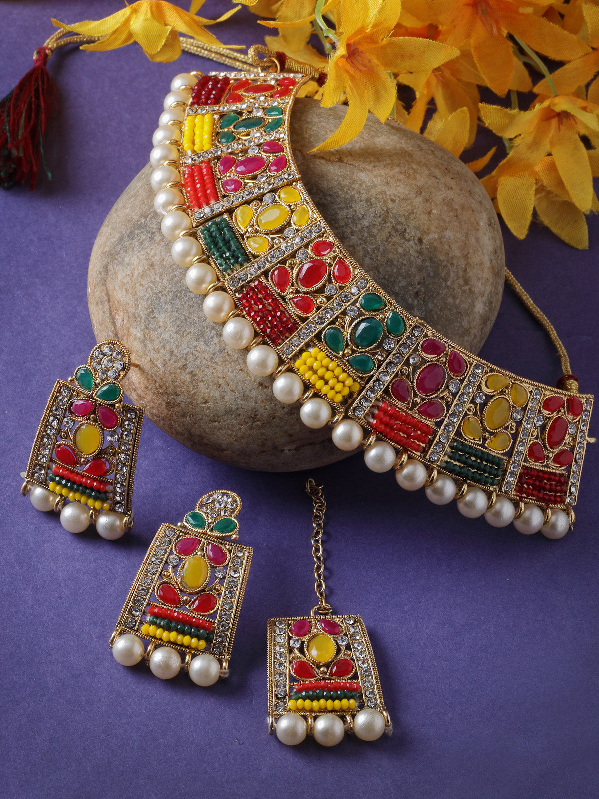 Sukkhi Adorable Unique Stylish Multicolor Stone With Pearls Choker Necklace Set With Earring And Maangtika | Jewellery Set For Women (NS105656)