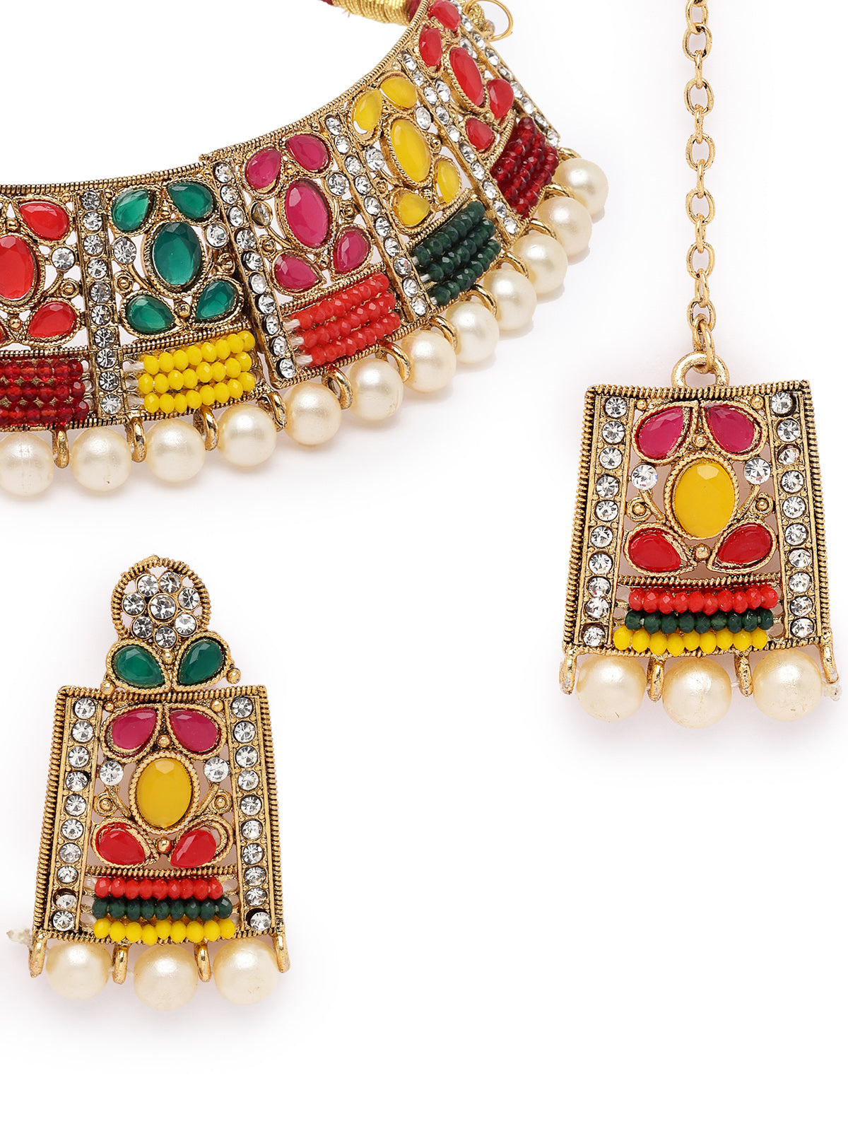 Sukkhi Adorable Unique Stylish Multicolor Stone With Pearls Choker Necklace Set With Earring And Maangtika | Jewellery Set For Women (NS105656)