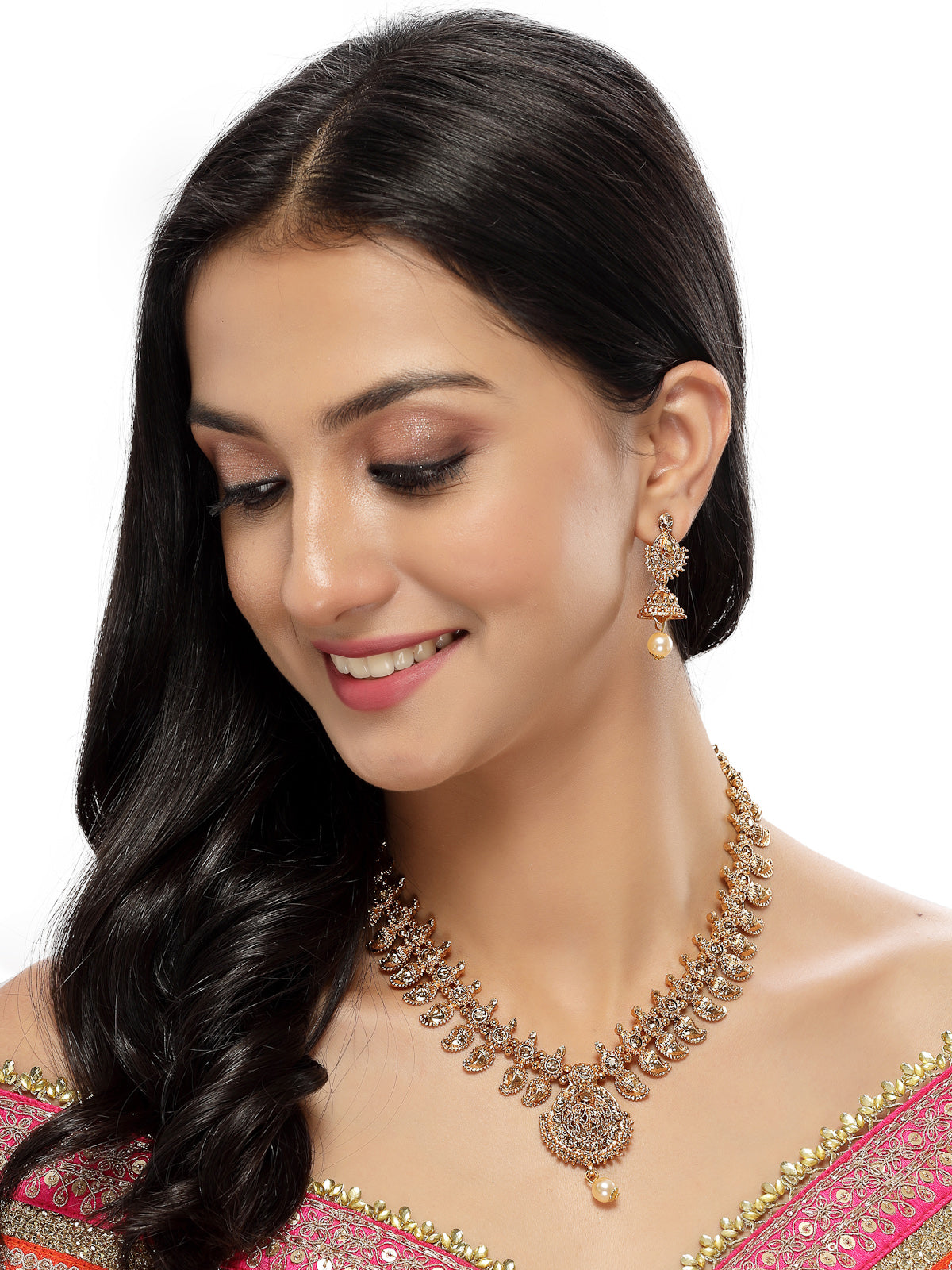 Sukkhi Classical Temple Gold Plated Copper Beads Studded Long Necklace Set With Jhumke Earring | Jewellery Set For Women (NS105657)