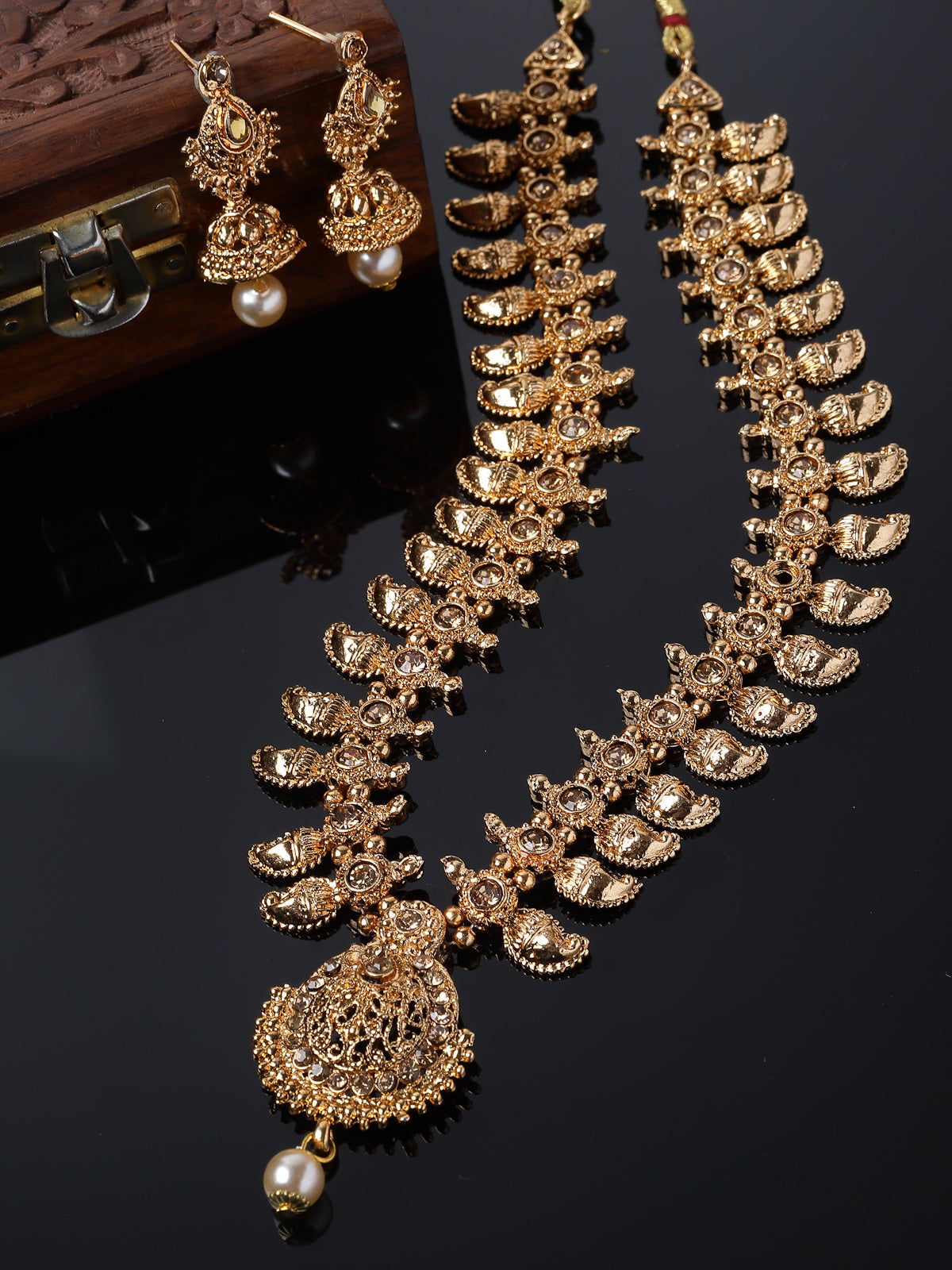 Sukkhi Classical Temple Gold Plated Copper Beads Studded Long Necklace Set With Jhumke Earring | Jewellery Set For Women (NS105657)