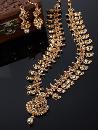 Sukkhi Classical Temple Gold Plated Copper Beads Studded Long Necklace Set With Jhumke Earring | Jewellery Set For Women (NS105657)