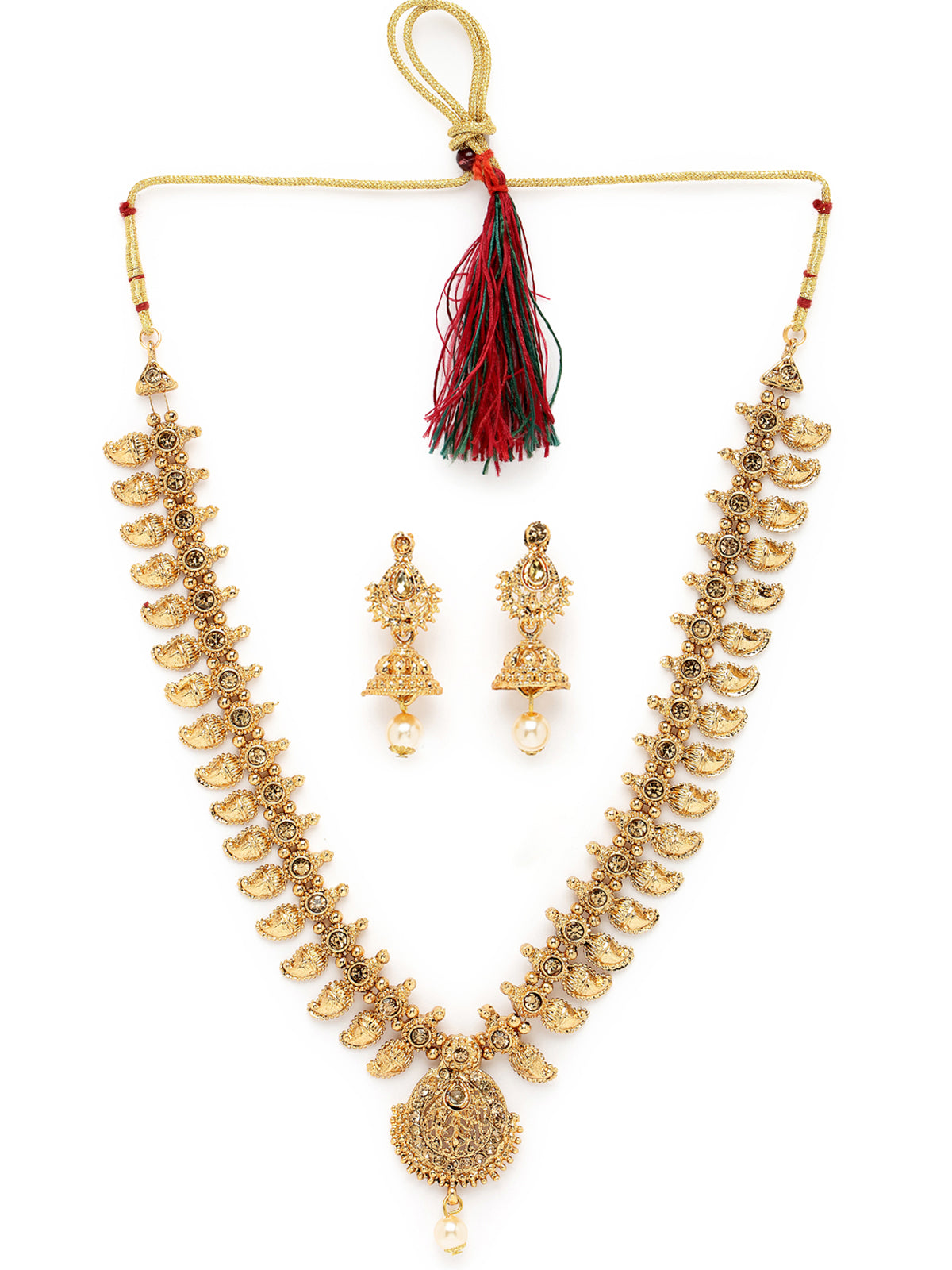 Sukkhi Classical Temple Gold Plated Copper Beads Studded Long Necklace Set With Jhumke Earring | Jewellery Set For Women (NS105657)