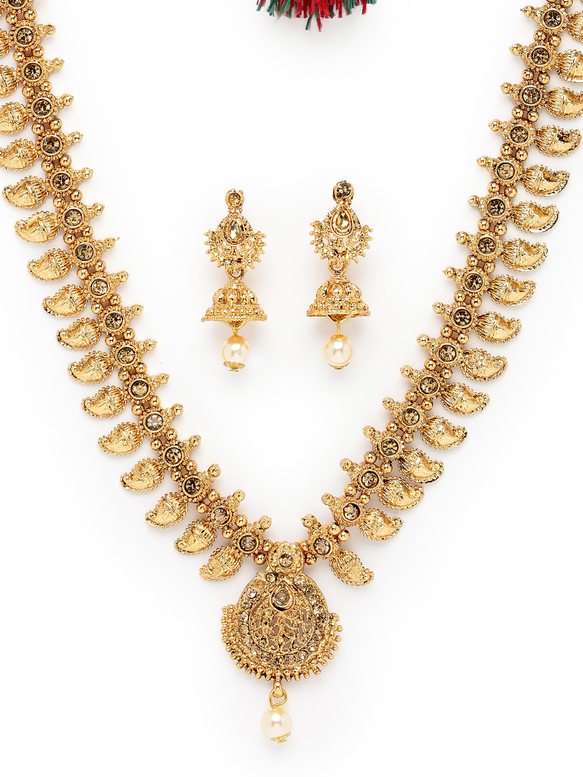 Sukkhi Classical Temple Gold Plated Copper Beads Studded Long Necklace Set With Jhumke Earring | Jewellery Set For Women (NS105657)