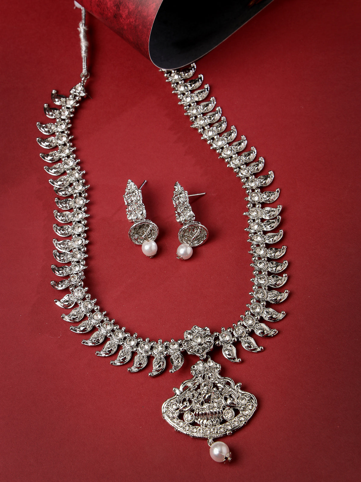 Sukkhi Adjustable Rhodium Plated Silver AD Stones Long Temple Necklace Set with Jhumki Earring | Jewellery Set For Women (NS105659)