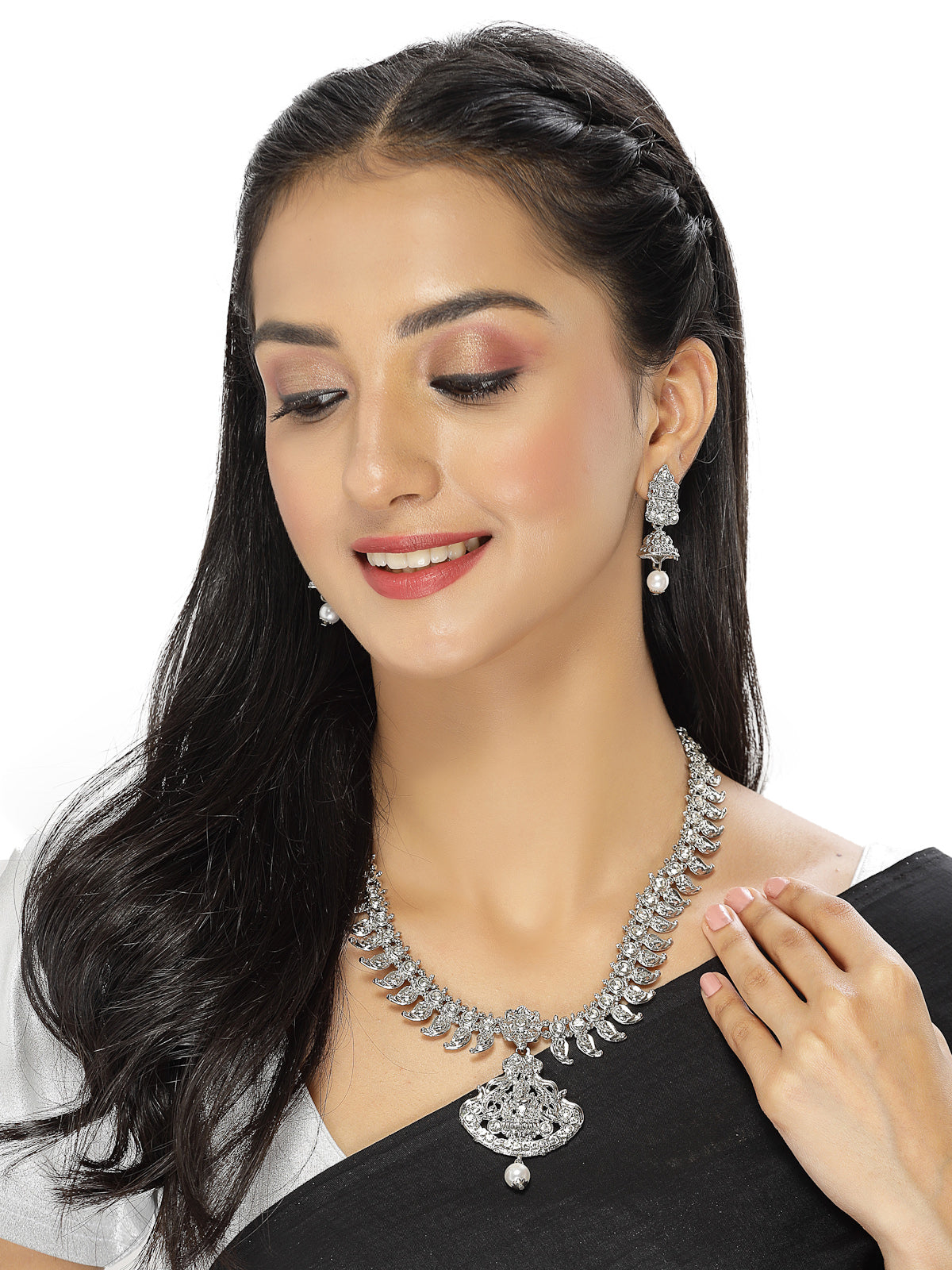 Sukkhi Adjustable Rhodium Plated Silver AD Stones Long Temple Necklace Set with Jhumki Earring | Jewellery Set For Women (NS105659)