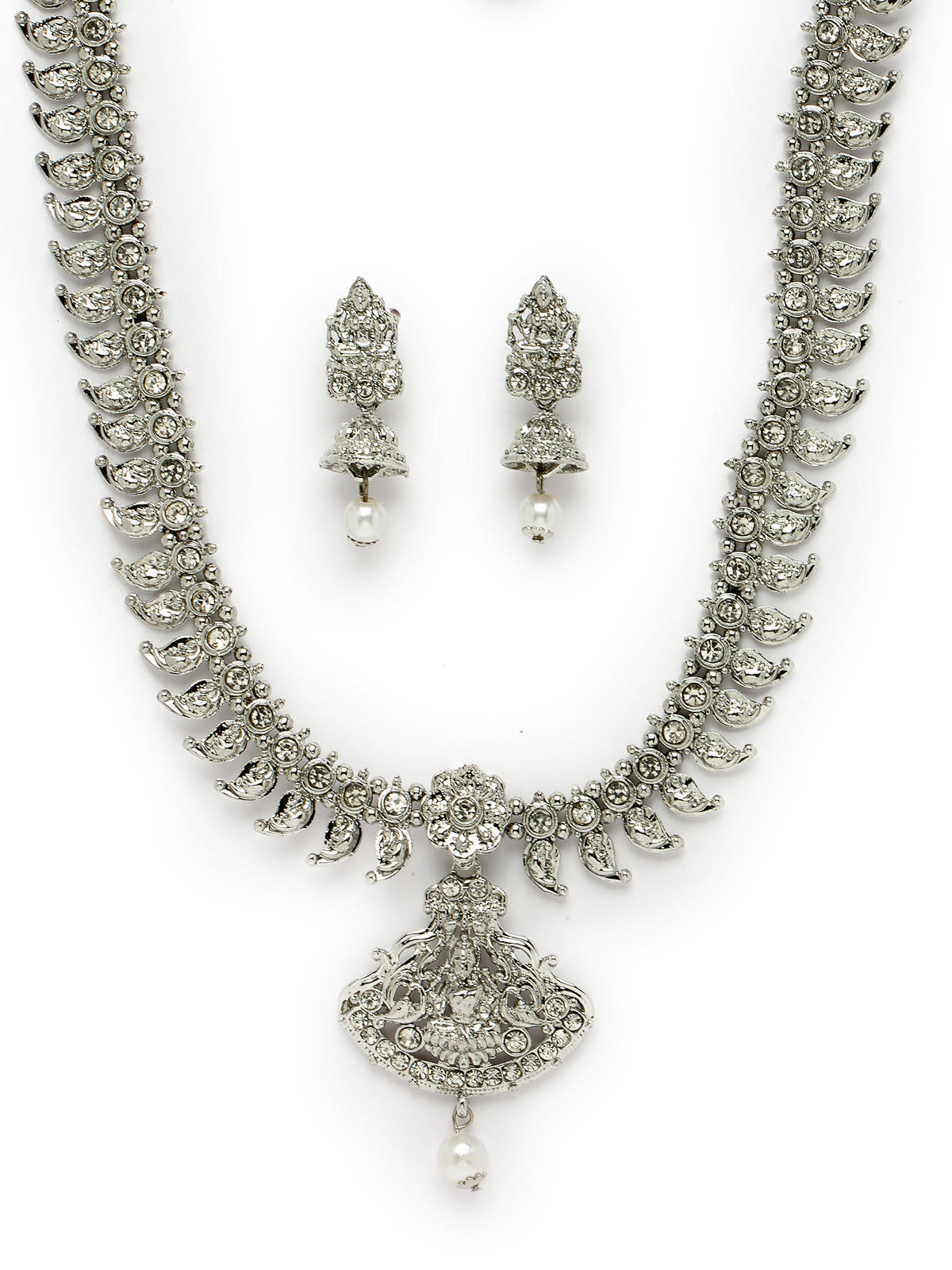 Sukkhi Adjustable Rhodium Plated Silver AD Stones Long Temple Necklace Set with Jhumki Earring | Jewellery Set For Women (NS105659)