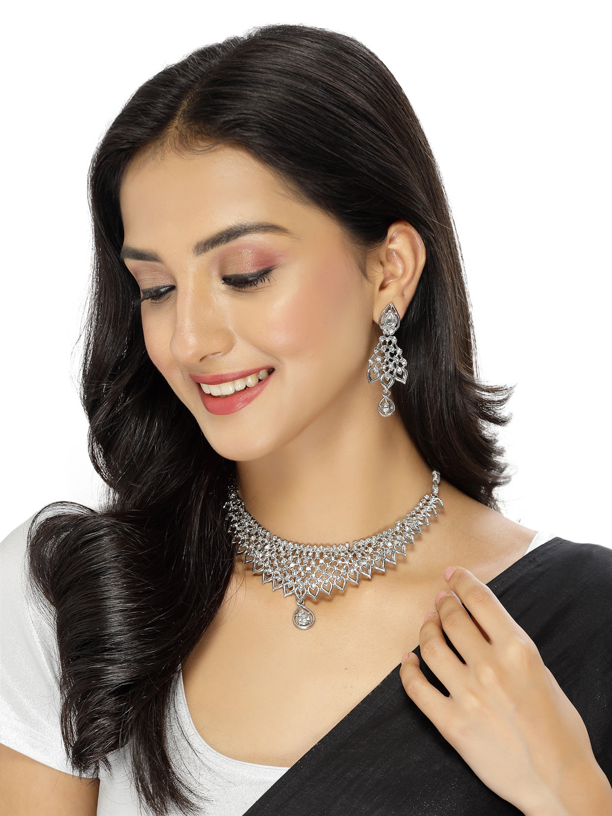 Sukkhi Striking Rhodium Plated Silver AD White Stone Collar Bone Necklace Set And Earring | Jewellery Set For Women (NS105661)