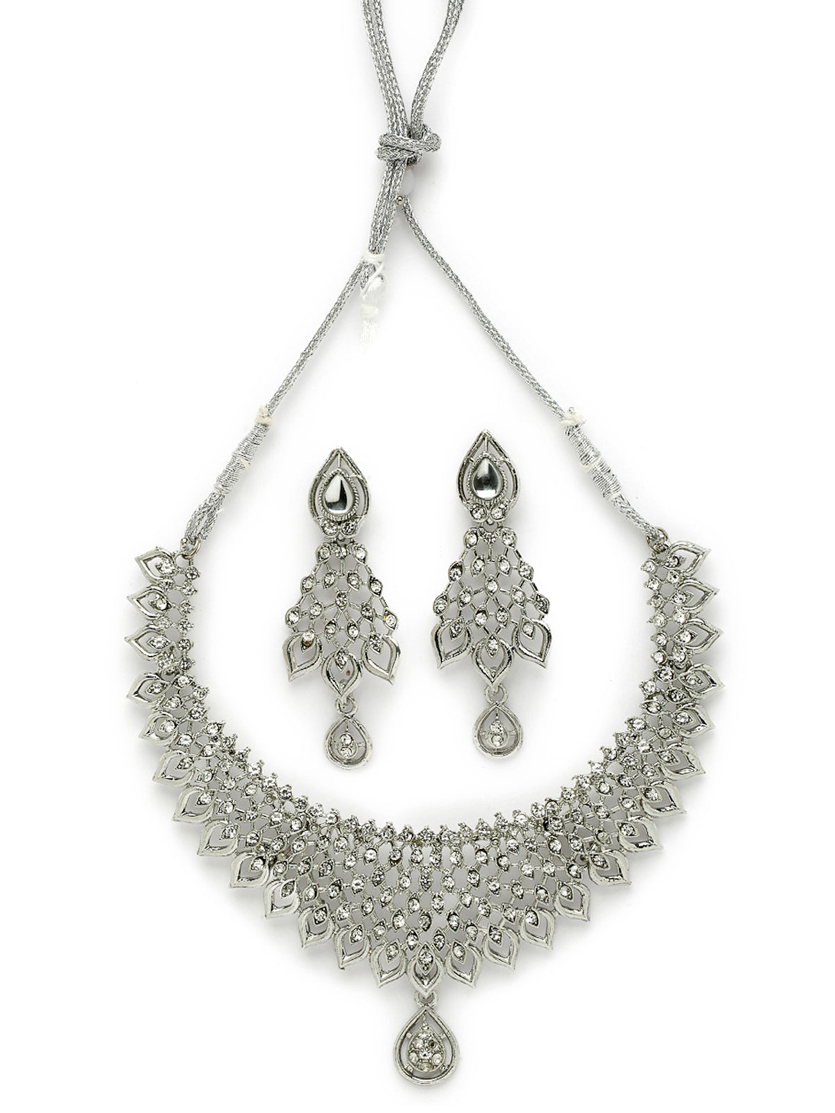 Sukkhi Striking Rhodium Plated Silver AD White Stone Collar Bone Necklace Set And Earring | Jewellery Set For Women (NS105661)