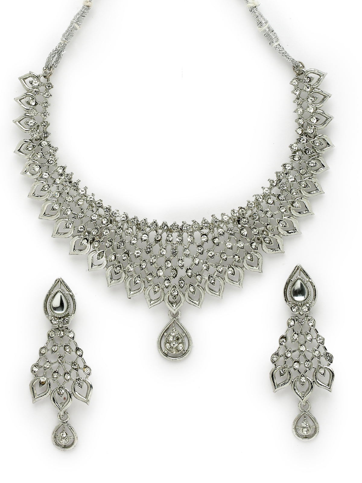 Sukkhi Striking Rhodium Plated Silver AD White Stone Collar Bone Necklace Set And Earring | Jewellery Set For Women (NS105661)