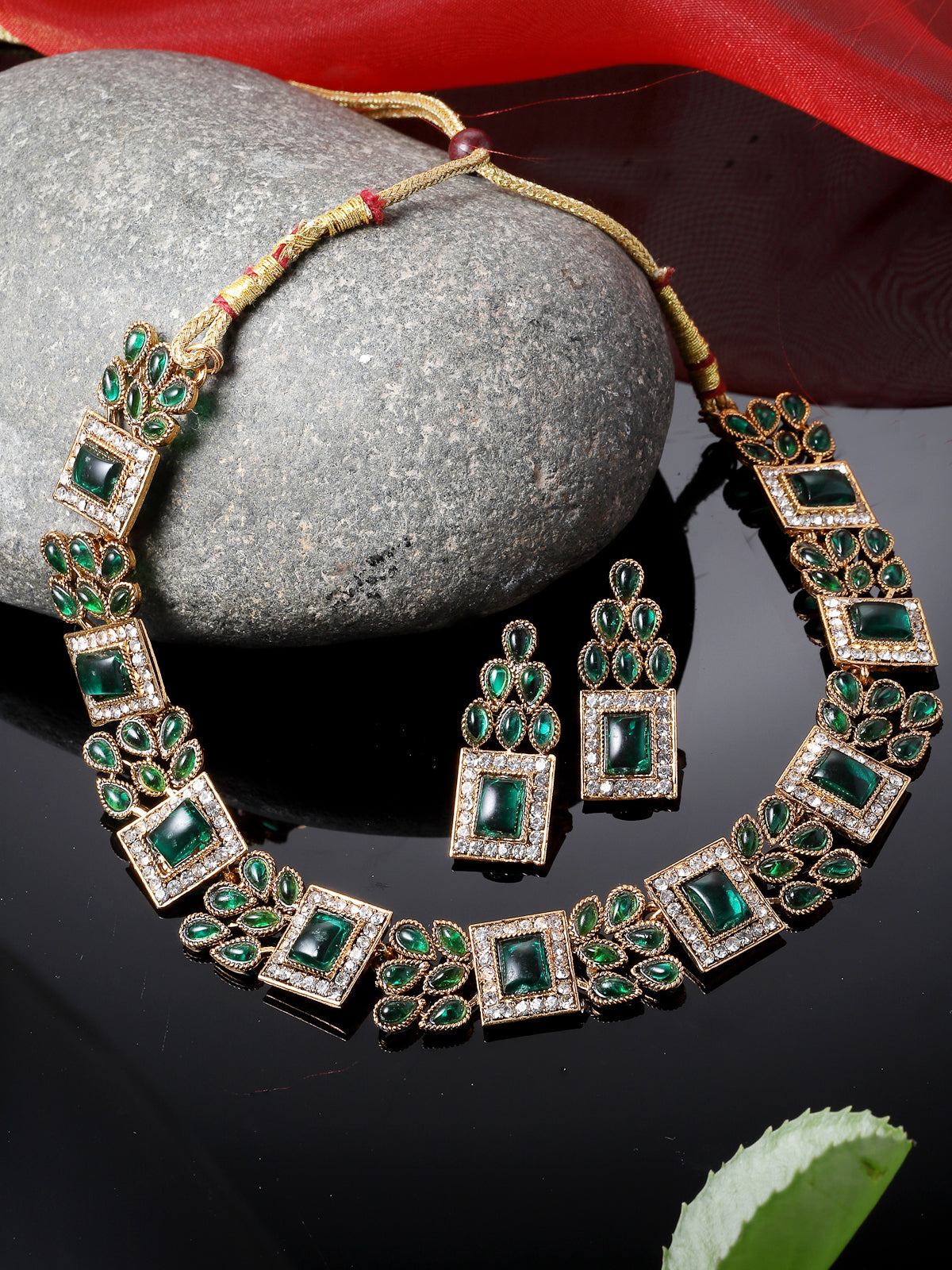 Sukkhi Sparkling Gold Plated Green AD Stone Collar Bone Necklace Set And Earring | Jewellery Set For Women (NS105664)