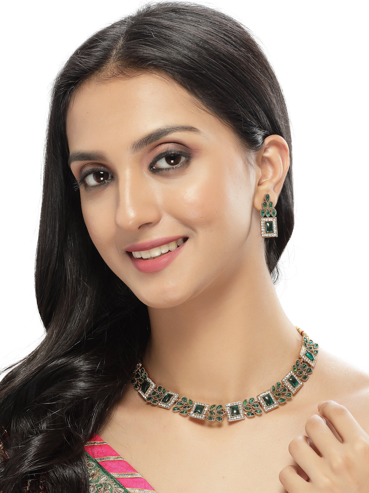Sukkhi Sparkling Gold Plated Green AD Stone Collar Bone Necklace Set And Earring | Jewellery Set For Women (NS105664)