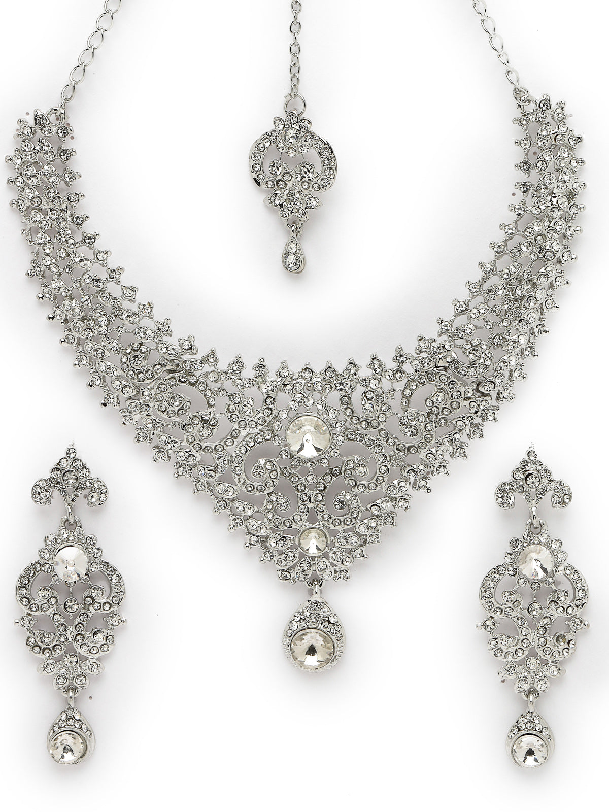 Sukkhi Flawless Rhodium Plated Silver AD White Stone Collar Bone Necklace Set With Earring And Maangtika | Jewellery Set For Women (NS105665)