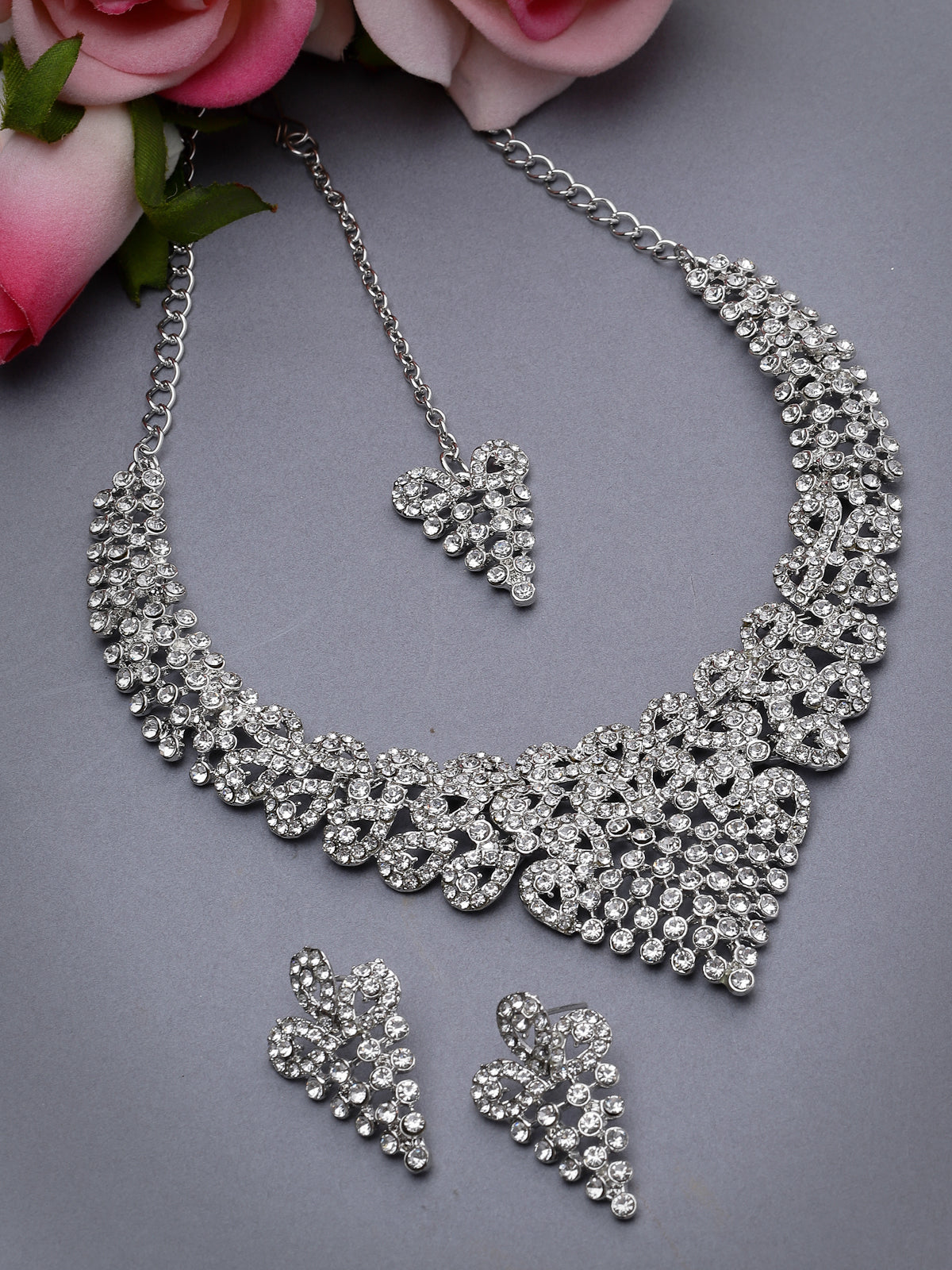 Sukkhi Fanciable Rhodium Plated Silver AD White Stone Collar Bone Necklace Set With Earring And Maangtika | Jewellery Set For Women (NS105666)