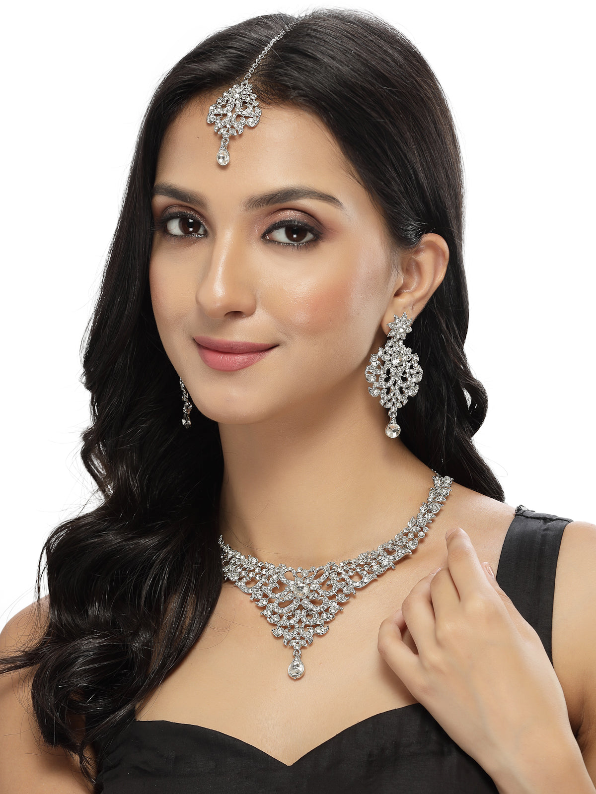 Sukkhi Luminous Rhodium Plated Silver AD White Stone Collar Bone Necklace Set With Earring And Maangtika | Jewellery Set For Women (NS105667)