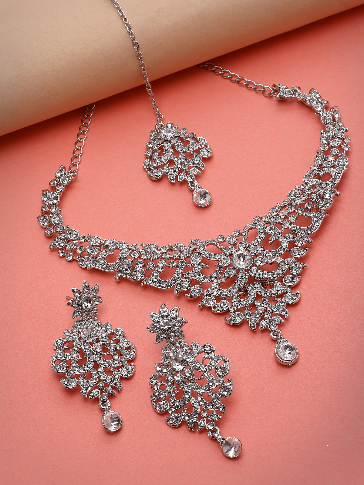 Sukkhi Luminous Rhodium Plated Silver AD White Stone Collar Bone Necklace Set With Earring And Maangtika | Jewellery Set For Women (NS105667)