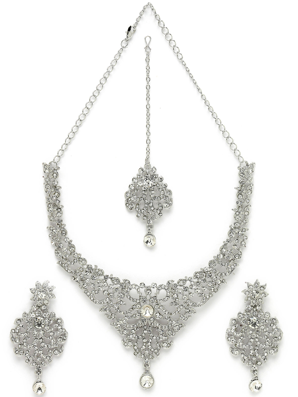 Sukkhi Luminous Rhodium Plated Silver AD White Stone Collar Bone Necklace Set With Earring And Maangtika | Jewellery Set For Women (NS105667)