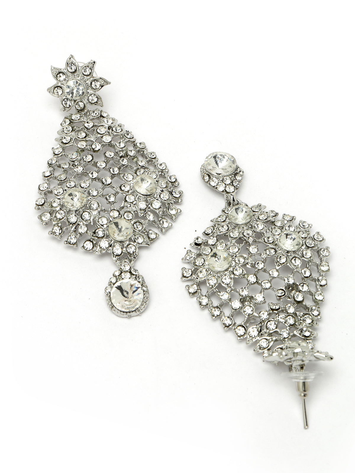 Sukkhi Geometric Rhodium Plated Silver AD White Stone Collar Bone Necklace Set With Earring And Maangtika | Jewellery Set For Women (NS105668)