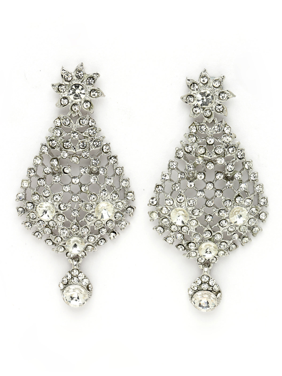 Sukkhi Geometric Rhodium Plated Silver AD White Stone Collar Bone Necklace Set With Earring And Maangtika | Jewellery Set For Women (NS105668)