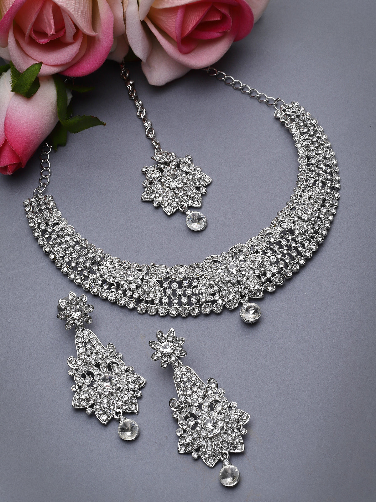 Sukkhi Magnifecent Rhodium Plated Silver AD White Stones Collar Bone Necklace Set With Earring And Maangtika | Jewellery Set For Women (NS105669)